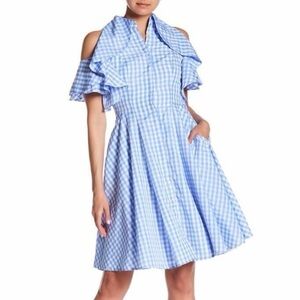 Alton gray gingham check cold shoulder ruffled dress blue white 26584